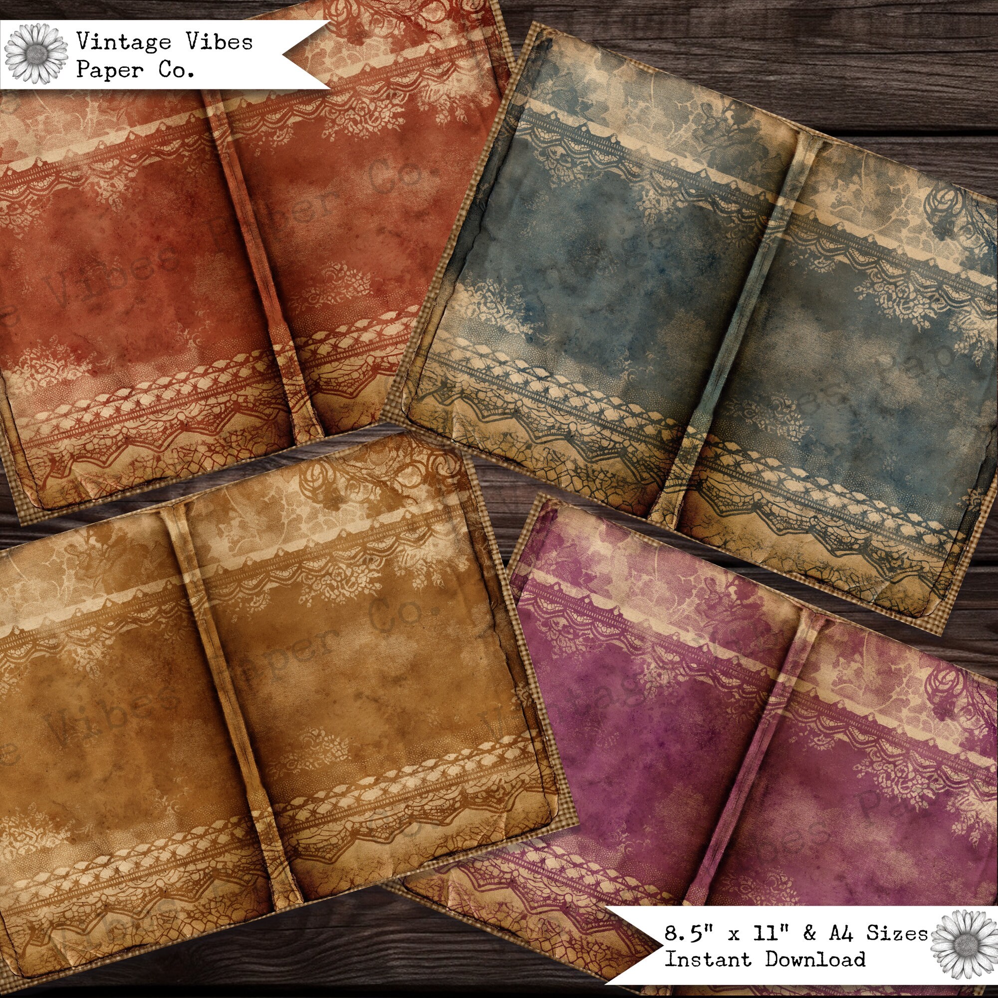 Junk Journal Pages Boho Grunge Lace, Coloured Lace Textured Grunge ...