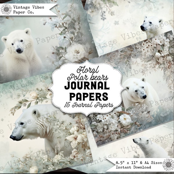 Floral Polar Bear Vintage junk journal papers, digital instant download printable papers, vintage style background papers for junk journals