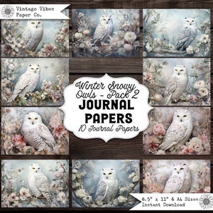 Junk journal paper vintage snowy owls, floral owl winter scrapbooking papers, printable digital papers for junk journaling, Christmas theme