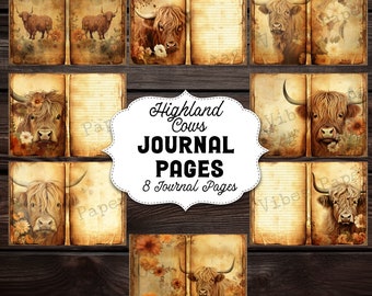 Junk journal pages Highland cows, printable digital junk journal papers, vintage style highland cow scrapbook papers A4 & US paper size