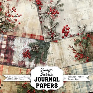 Christmas Junk journal papers Grunge Berries, winter tartan junk journal paper kit digital printable Christmas papers, neutral festive
