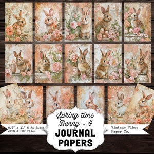 Spring Easter Bunny junk journal paper pack, Instant download printable digital scrapbook papers, Vintage shabby chic style floral bunny