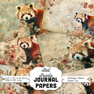 Papiers de scrapbooking imprimables vintage de journal indésirable Red Panda, kit de journal indésirable numérique, papiers à thème vintage neutre floral pour journal animal