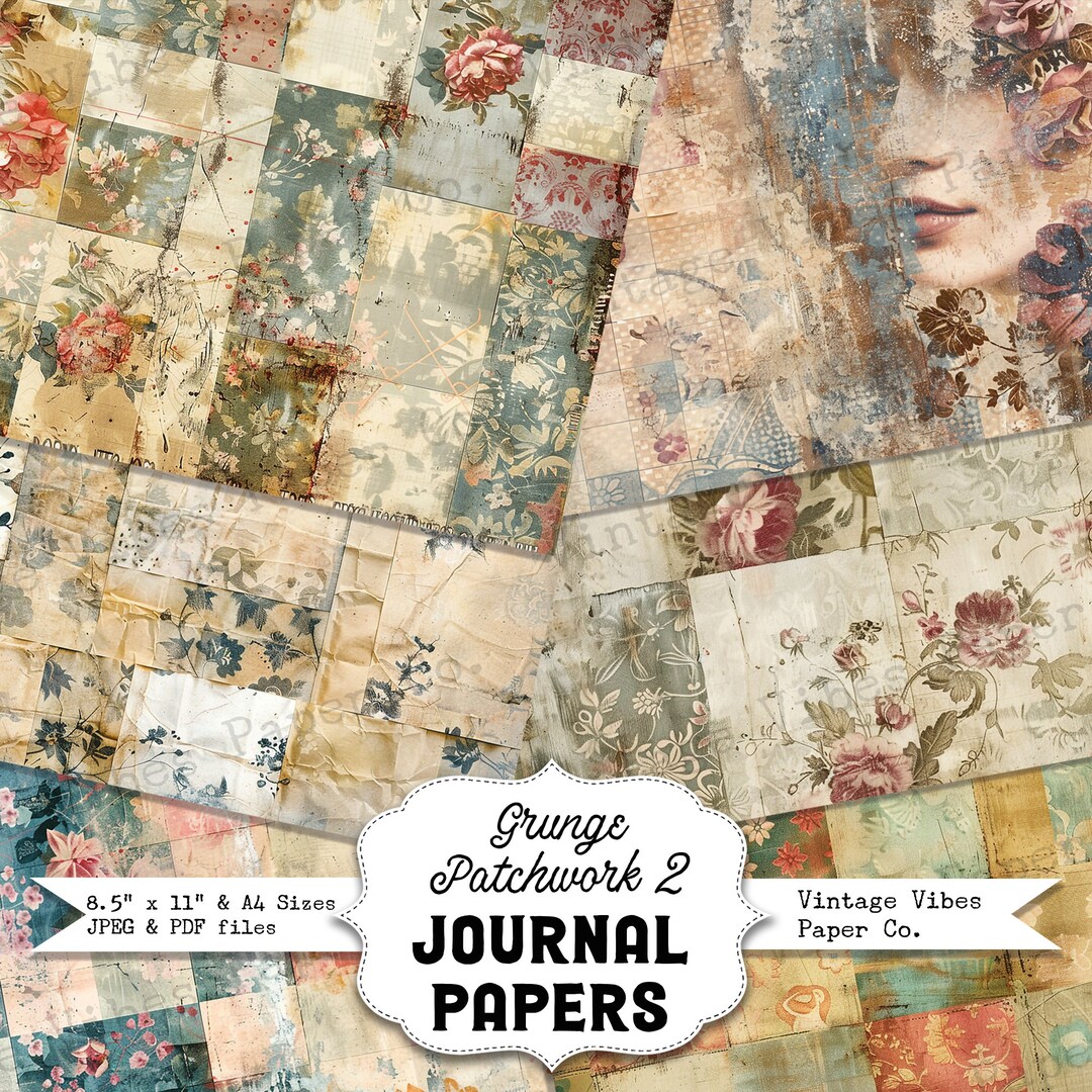 Grunge Patchwork Patterned Junk Journal Digital Papers, Grungy Textured ...