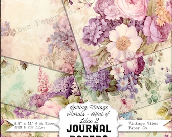 Junk journal digital paper pack spring florals lilac floral, vintage collage sheet hint of pink flowers, printable papers for junk journal