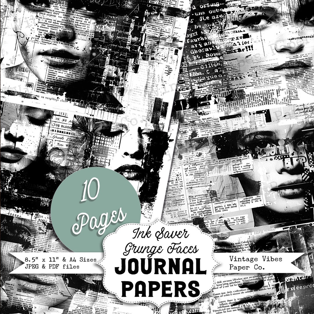 Black & White Ink Saver Grunge Faces Junk Journal Printable Papers, Ink ...