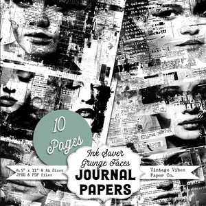 Black & white ink saver grunge faces junk journal printable papers, ink saver pages, monotone grungy collage background papers