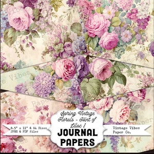 Paquete de papel digital para diario basura lila floral primaveral, Hoja de collage vintage con toque de flores lilas, Papeles imprimibles para diario basura