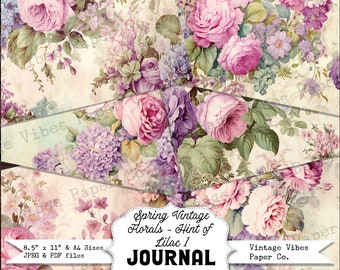Junk journal digital paper pack spring florals lilac, vintage collage sheet hint of lilac flowers, printable papers for junk journal