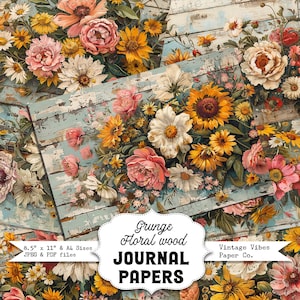 Grunge Floral Wood Junk journal digital papers, grungy textured mixed media themed background papers for scrapbooking, collage & more