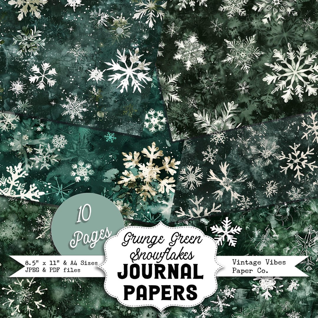 Christmas Junk Journal Papers Grunge Green & White Snowflakes, Winter ...
