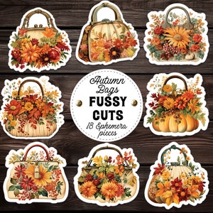 Bolsos de otoño con corte quisquilloso, Cortes quisquillosos digitales de diario basura de otoño, Kit efímero imprimible de bolso de flores, Diario basura de otoño vintage