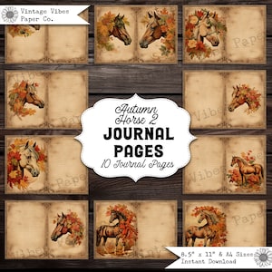 Junk Journal Herbst Pferde, digitales Junk Journal Papier Kit für den Herbst, 10 Seiten Herbstlaub & Vintage Junk Journal Digital Kit