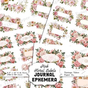 Pink Junk journal labels blank vintage style floral ephemera fussy cut labels, 12 page instant download printable sheets, 64 printable label