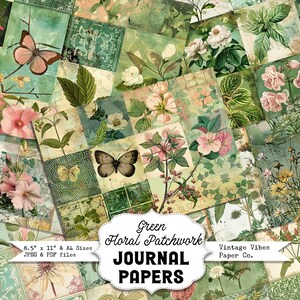 Grüne Patchwork gemusterte Junk Journal digitale Papiere, Vintage Stil Mixed Media Themen Papiere für Scrapbooking und Collage