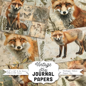 Diario spazzatura Carte scrapbook stampabili Vintage Fox, kit diario spazzatura digitale, carte floreali autunnali di volpe boschiva ideali per il diario degli animali