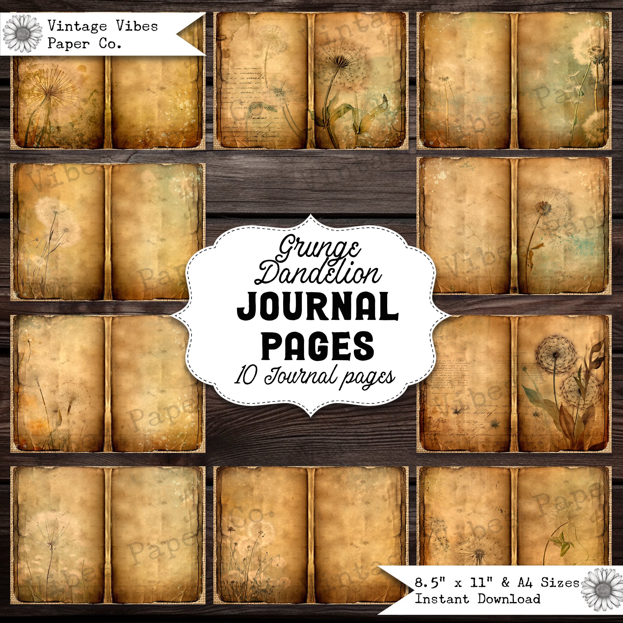 Junk Journal Pages Vintage Grunge Dandelion, 10 Neutral