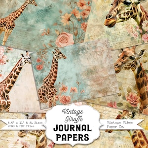 Vintage Giraffe print junk journal paper kit, 10 page digital download printable scrapbooking and junk journal pages, animal junk journal