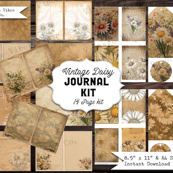 Junk journal digital kit vintage daisy, printable scrapbook journal pages Daisies, ephemera & ATC, digital journal floral vintage shabbychic