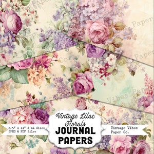 Junk journal papers Vintage Lilac florals, shabby chic spring pages for junk journaling, scrapbooking & card making, rustic pastel papers