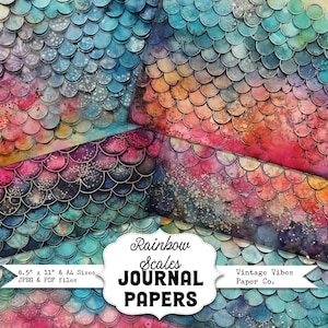 May include: Four digital papers featuring a watercolor pattern of iridescent rainbow scales. The papers are 8.5 inches by 11 inches and also available in A4 size. The papers are available in JPEG and PDF formats. The text "Rainbow Scales Journal Papers" is in a white banner with a black border. The text "Vintage Vibes Paper Co." is in a white banner with a black border.
