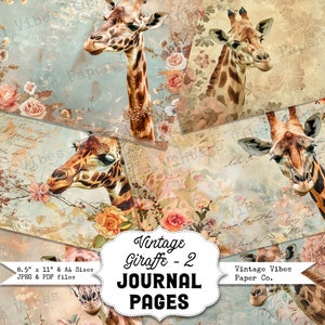Vintage Giraffe print junk journal paper kit, 10 page digital download printable scrapbooking and junk journal pages, animal junk journal