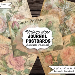 Junk Journal Ephemera Postkarten shabby roses, vintage rose botanisches Junk Journal Karten, digital druckbare Ehemera Kit 8 Postkarten