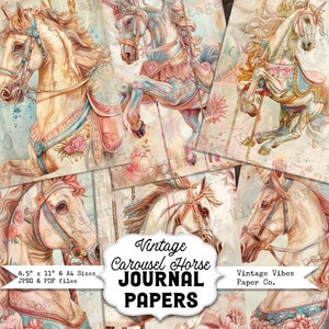Papéis digitais de diário de lixo vintage cavalo carrossel, papéis de fundo com tema rosa vintage para scrapbooking, criação de cartões, colagem e muito mais