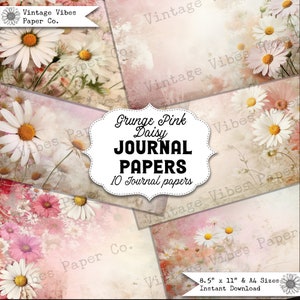 Pink Daisy Vintage floral junk journal papers, digital printable scrapbook papers, card making papers vintage floral pink grunge tones