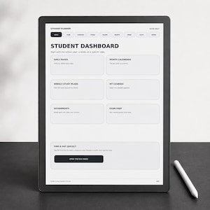 May include: A digital student planner displayed on a tablet screen featuring a student dashboard with navigation tabs for home, year, courses, tasks, exams, month, week, days, and notes. The interface includes sections for daily pages, calendars, study plans, courses, assignments, and exam prep.