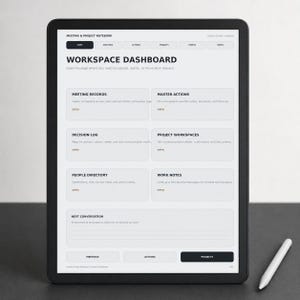 Op de afbeelding: Een digitale tablet met een dashboard-interface voor werkruimtes met een witte achtergrond en zwarte tekst. Het scherm bevat secties met de labels Meeting Records, Master Actions, Decision Log, Project Workspaces, People Directory en Work Notes.