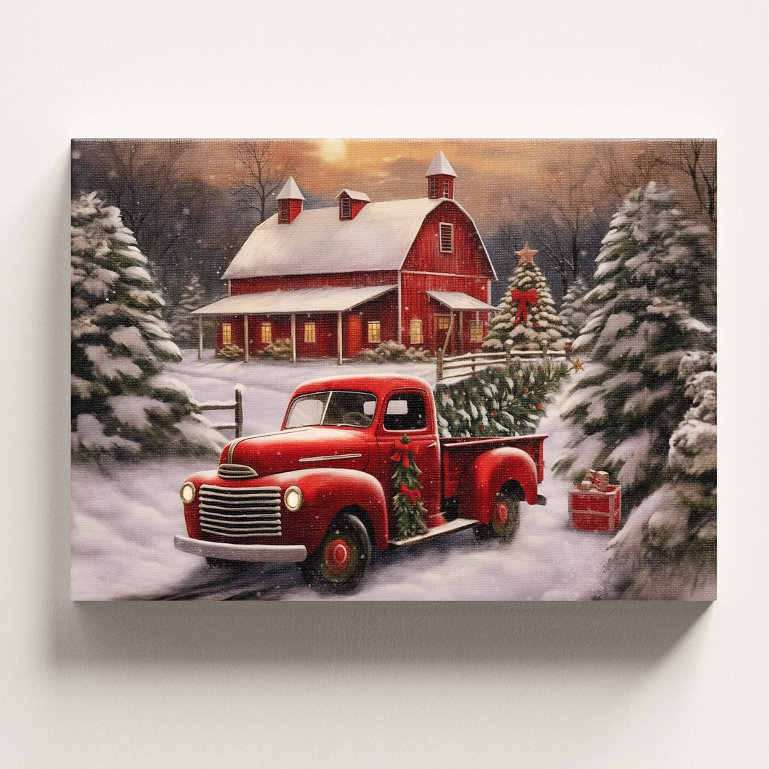 vintage-classic-red-truck-with-christmas-tree-and-farmhouse-landscape