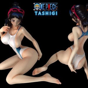 May include: A figurine of a woman with long black hair wearing a white and blue swimsuit. The figurine is posed in a sitting position with one leg extended forward and the other bent at the knee. The figurine is titled "One Piece Tashigi".