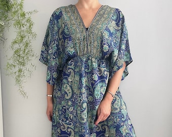 Women Bohemian Summer Midi Dress.  Paisley Kimono Sleeve V-Neck Dress. Boho Blue Dress.