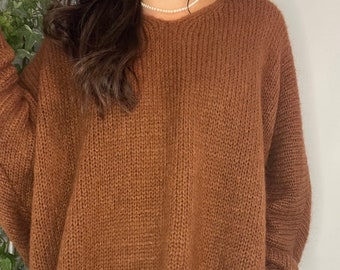 Women Soft Knit Mohair Wool Jumper - Cinnamon Colour. Oversized Relaxed Jumper. Made in Italy. One size 8-14