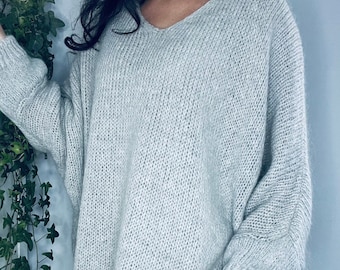 Women Soft Knit Mohair Wool Jumper - Light Grey. Oversized Relaxed Jumper. Made in Italy. One size 8-14
