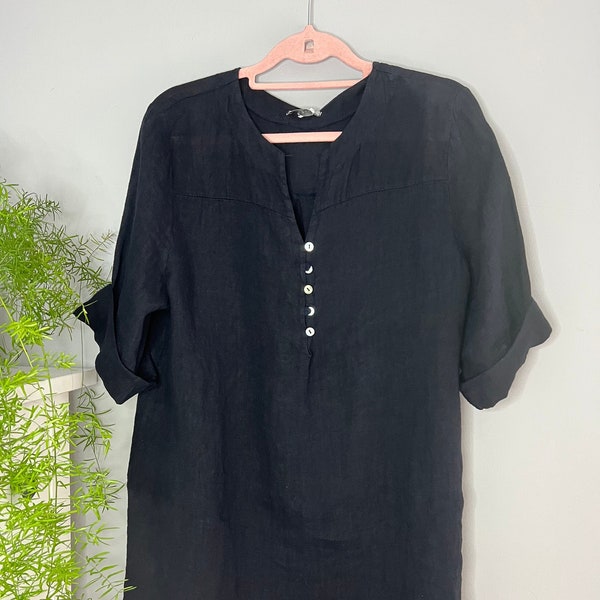 Ladies 100% Linen Top. Linen Navy Tunic Blouse. Women Summer Clothing. Made in Italy. One size.
