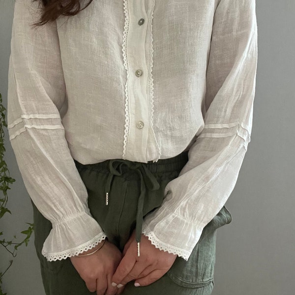 Ladies 100% Linen Button Shirt Blouse. Natural Pure Linen Blouse. Made in Italy. One size.