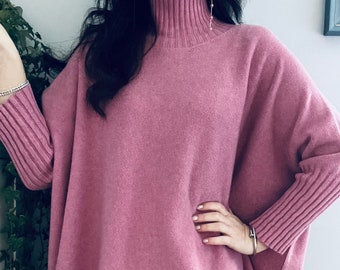 Made in Italy Ultra Soft Knit Funnel Neck Jumper Pullover in Rose Pink. One size.
