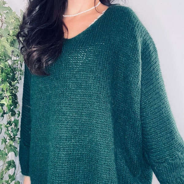 Women Soft Knit Mohair Wool Jumper - Green. Oversized Relaxed Jumper. Made in Italy. One size 8-14