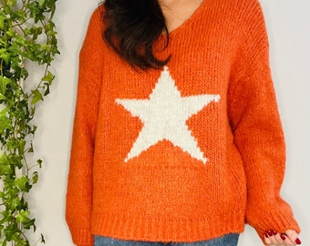 Made in Italy Women Soft Knit Star Jumper Orange. Relaxed Jumper Sweater. One size 8-14