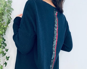 Made in Italy Women Cashmere Sequin Stripe Navy Jumper. V-Neck Sweater Jumper. One size 8-14