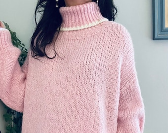 Made in Italy Women Oversized Chunky Roll-Neck Woollen Jumper Pullover in Pink Colour. One size.