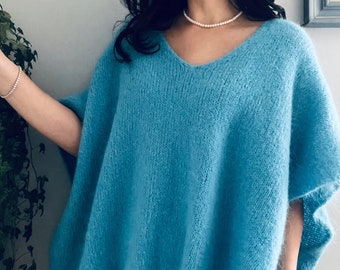 Soft Knit Mohair Wool V Neck Jumper Dusky Blue. Oversized Relaxed Sweater. Made in Italy. One size 8-16