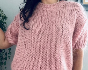 Soft Chunky Knit Mohair Short Sleeve Jumper Sweater in Rose Pink. Made in Italy. One size 8-14.