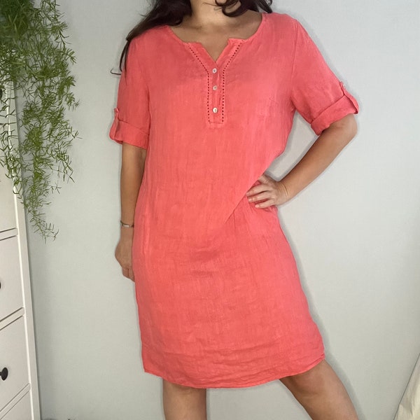 Ladies 100% Linen Dress. Coral  Linen Button Dress.  Women Summer Holiday  Clothing. Made in Italy. One size.