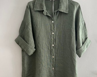 Ladies 100% Linen Button Shirt Blouse. Natural Pure Linen Blouse. Made in Italy. One size.