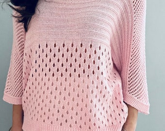 Made in Italy Open Knit Knitted Jumper Sweater, Crochet Style Top, Light Pink Colour. One size 8-14