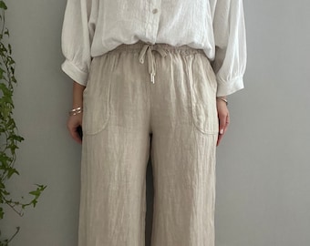 Women Pure Natural Linen Relaxed Wide Leg Trousers. Made in Italy. One Size.