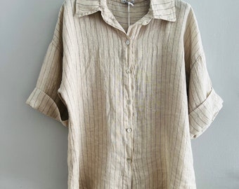 Ladies 100% Linen Button Shirt Blouse. Natural Pure Linen Blouse. Made in Italy. One size.